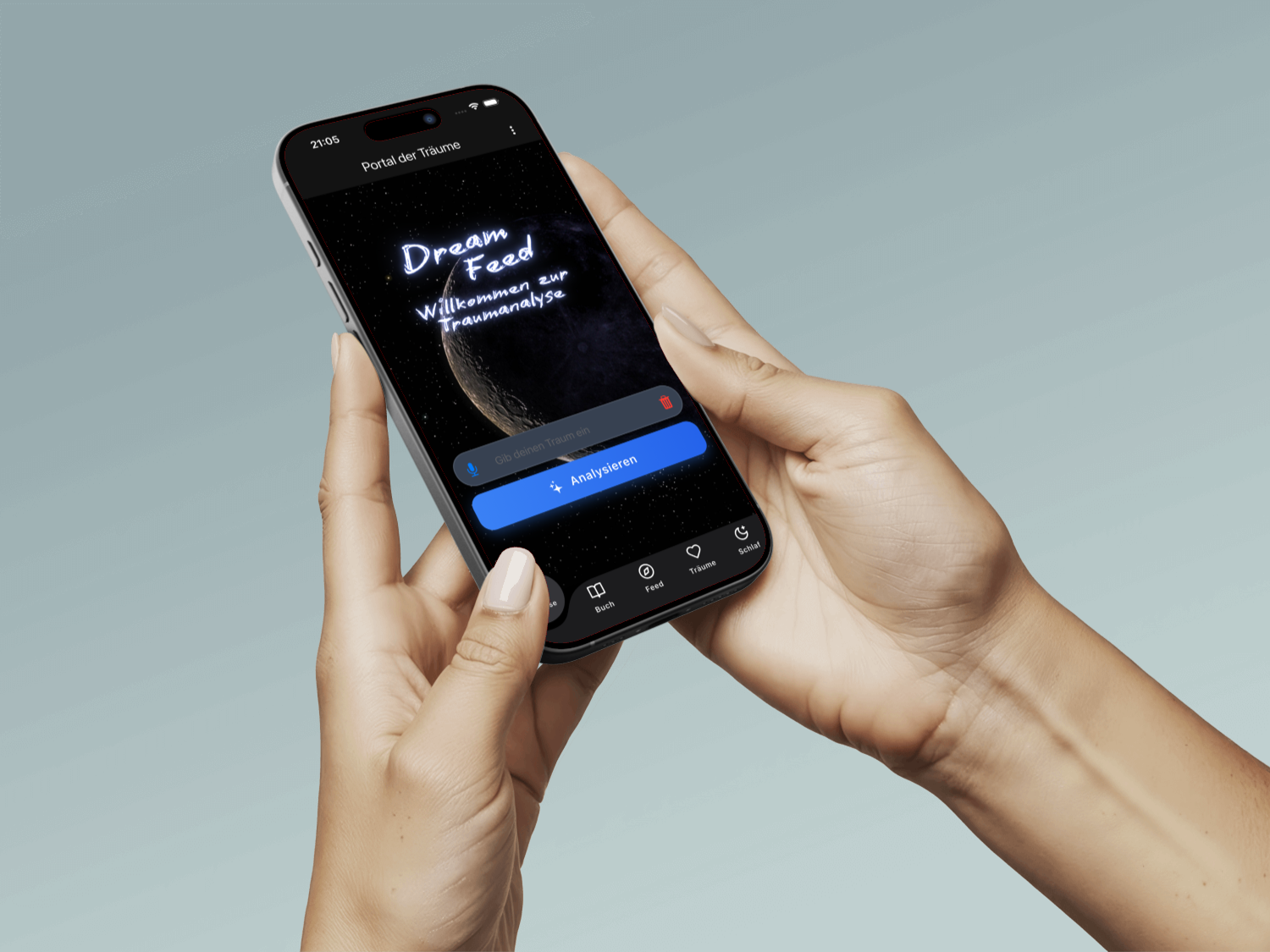 Dream Feed App-Mockup mit Traum-Feed und Analyse