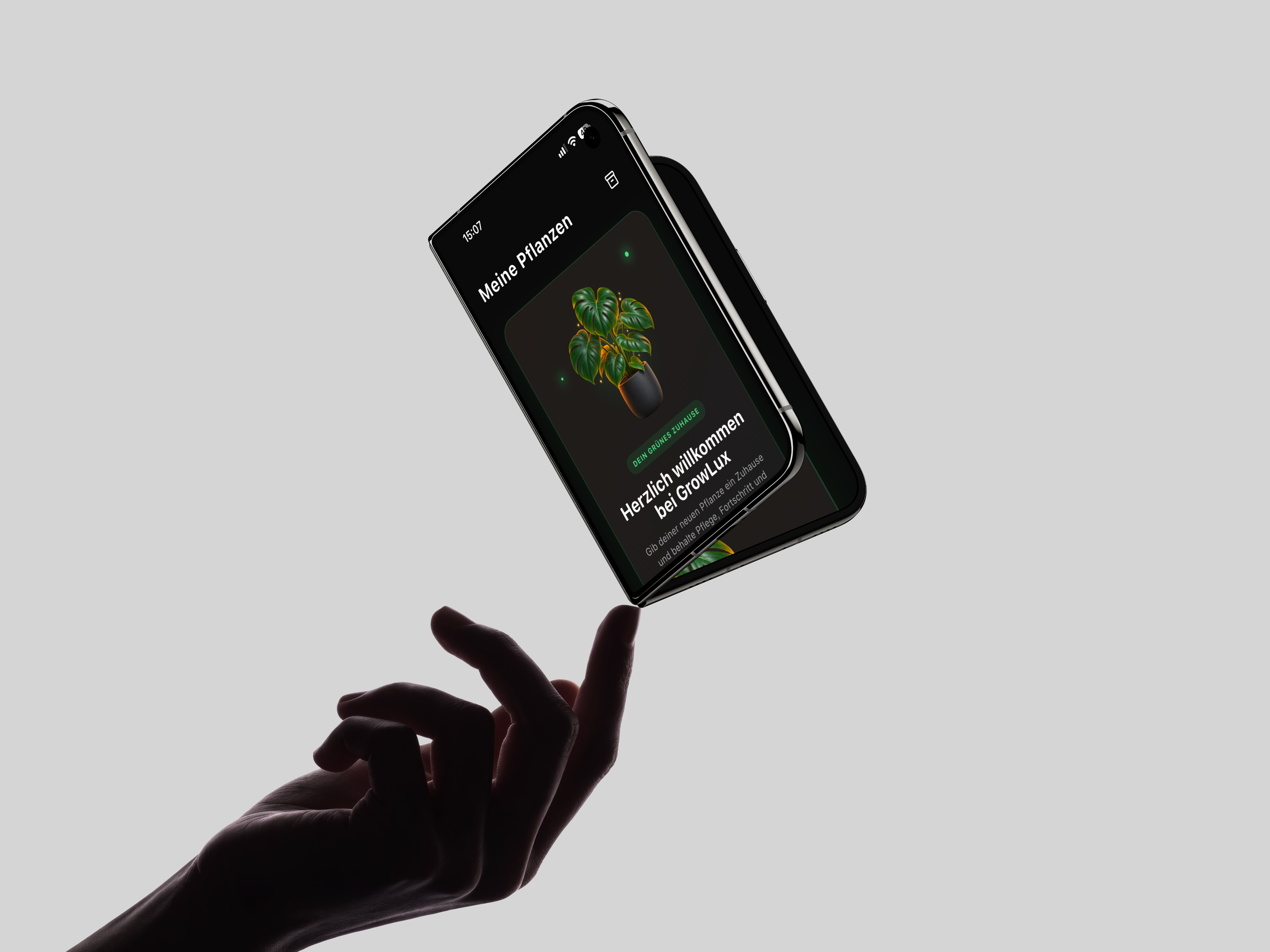 GrowLux-App auf einem Smartphone, das über einer Hand schwebt